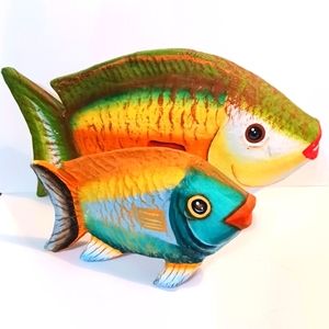 Pair of Heavy-Duty Paper Mache Tropical Fish Art Decorative Figurines